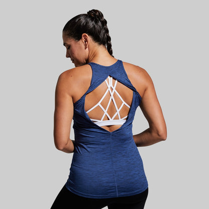 Navy blue tank top for active women in and out the gym. This tank has an open back design that shows off your beautiful spots bra