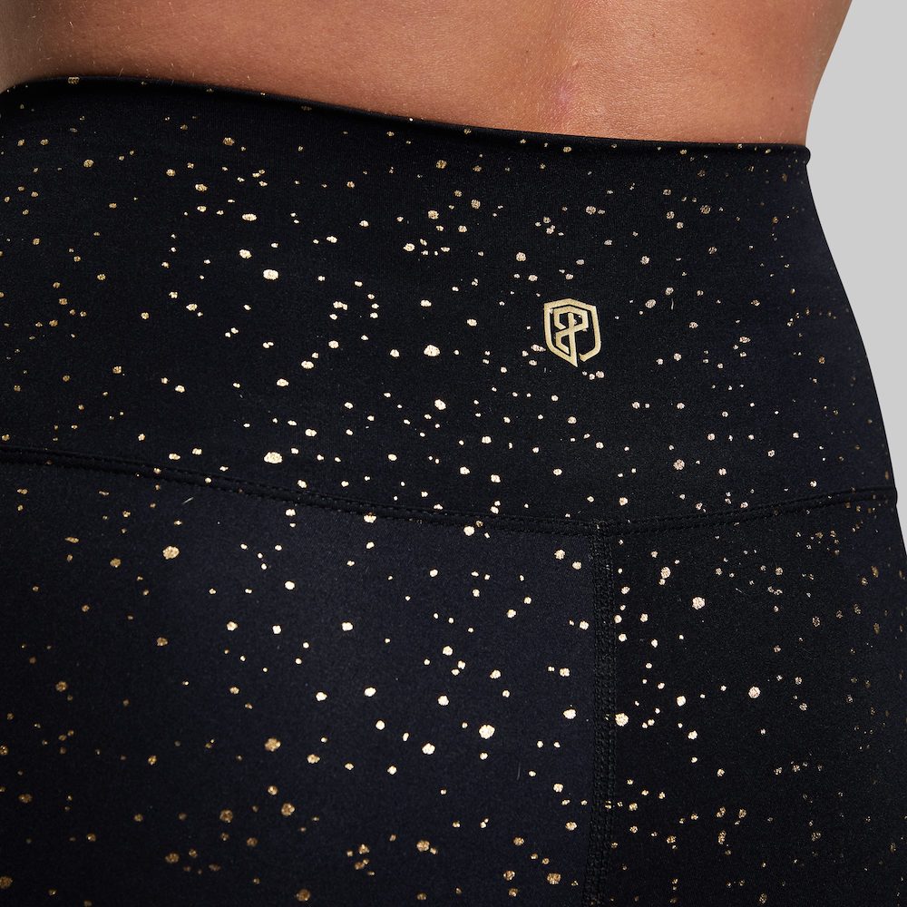 Synergy Legging (Noir) high waisted black leggings with gold metallic shimmer