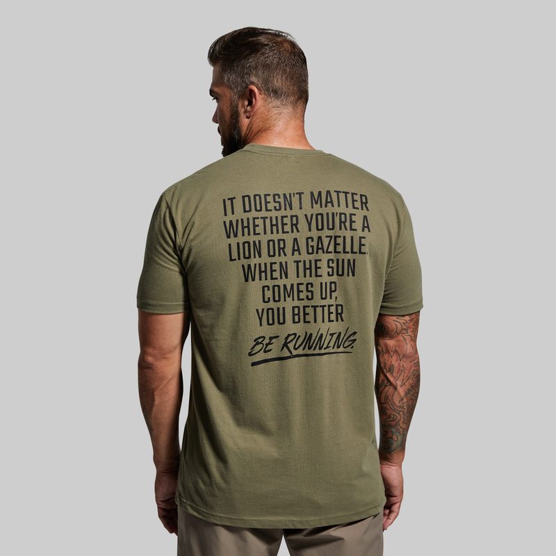 modern savage t-shirt in military green - back typographic print in black