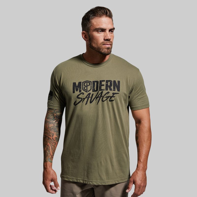 modern savage t-shirt in military green - front print in black