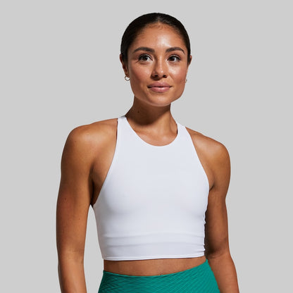 synergy cropped sports bra in white racerback design